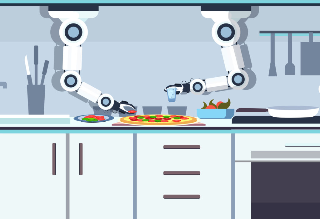 smart handy chef robot preparing tasty pizza robotic assistant innovation technology artificial intelligence concept modern kitchen interior flat horizontal